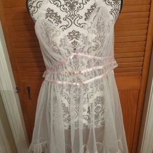 Victorias Secret For Love & Lemons White Pink Polkadot Sheer Mesh Peignoir L